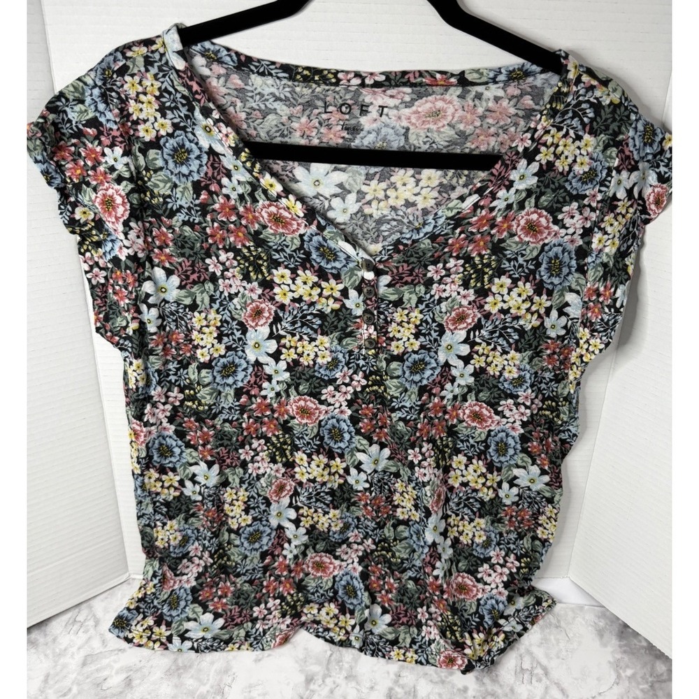 Loft Linen Floral Tee Multicolor Floral Henley Fairy Lightweight Boho Sz Large
